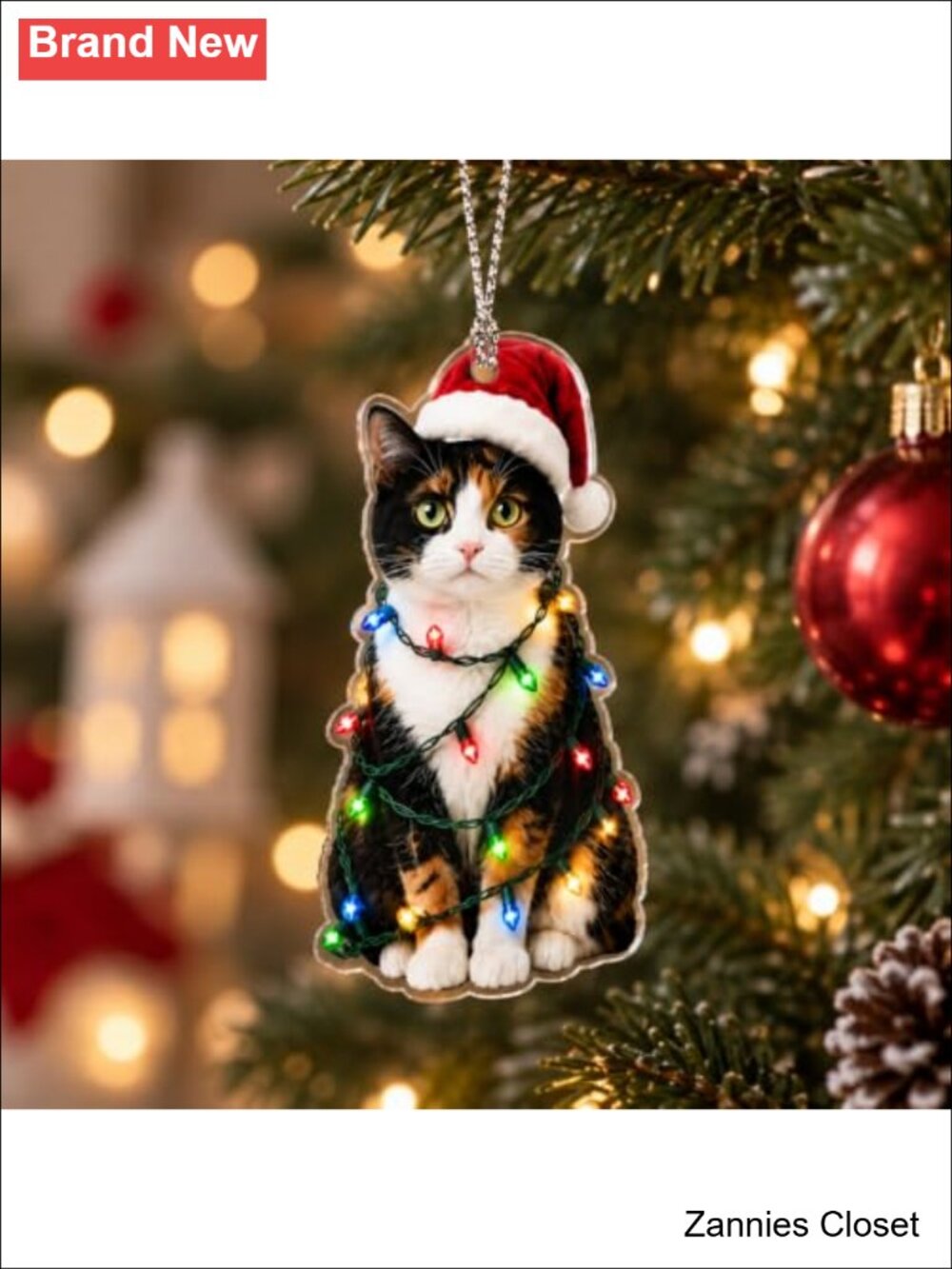 🎄 Calico Cat Christmas Ornament Acrylic Santa Hat Holiday Tree Decor Keepsake